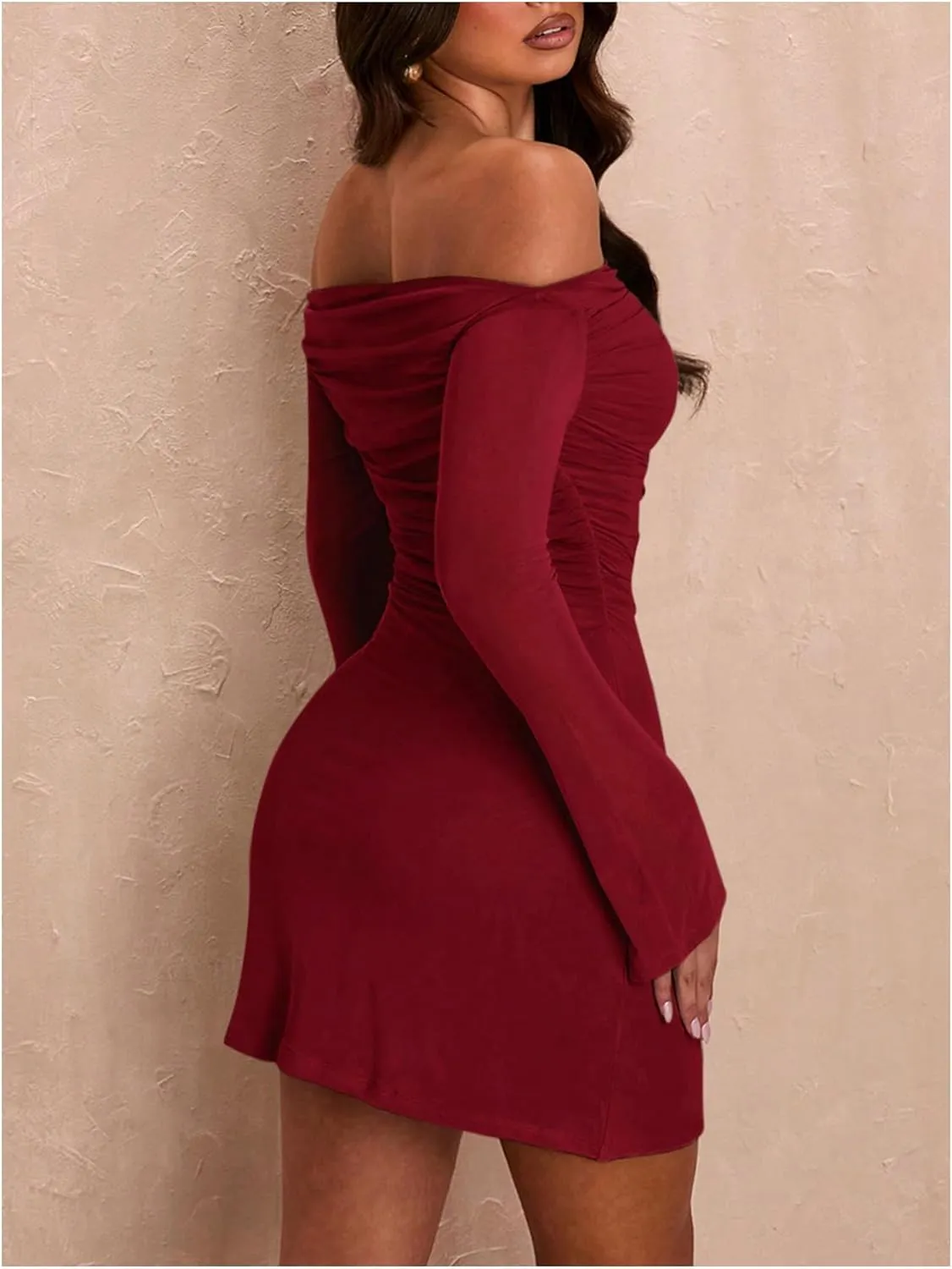 SOLY HUX Women's Ruched Off The Shoulder Bodycon Mini Dress Long Sleeve Party Dresses