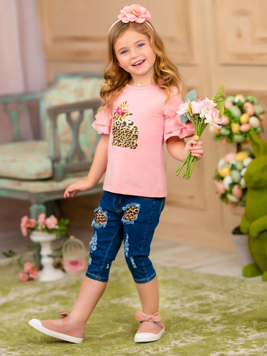 Some Bunny Loves Leopard Patched Denim Capris Set