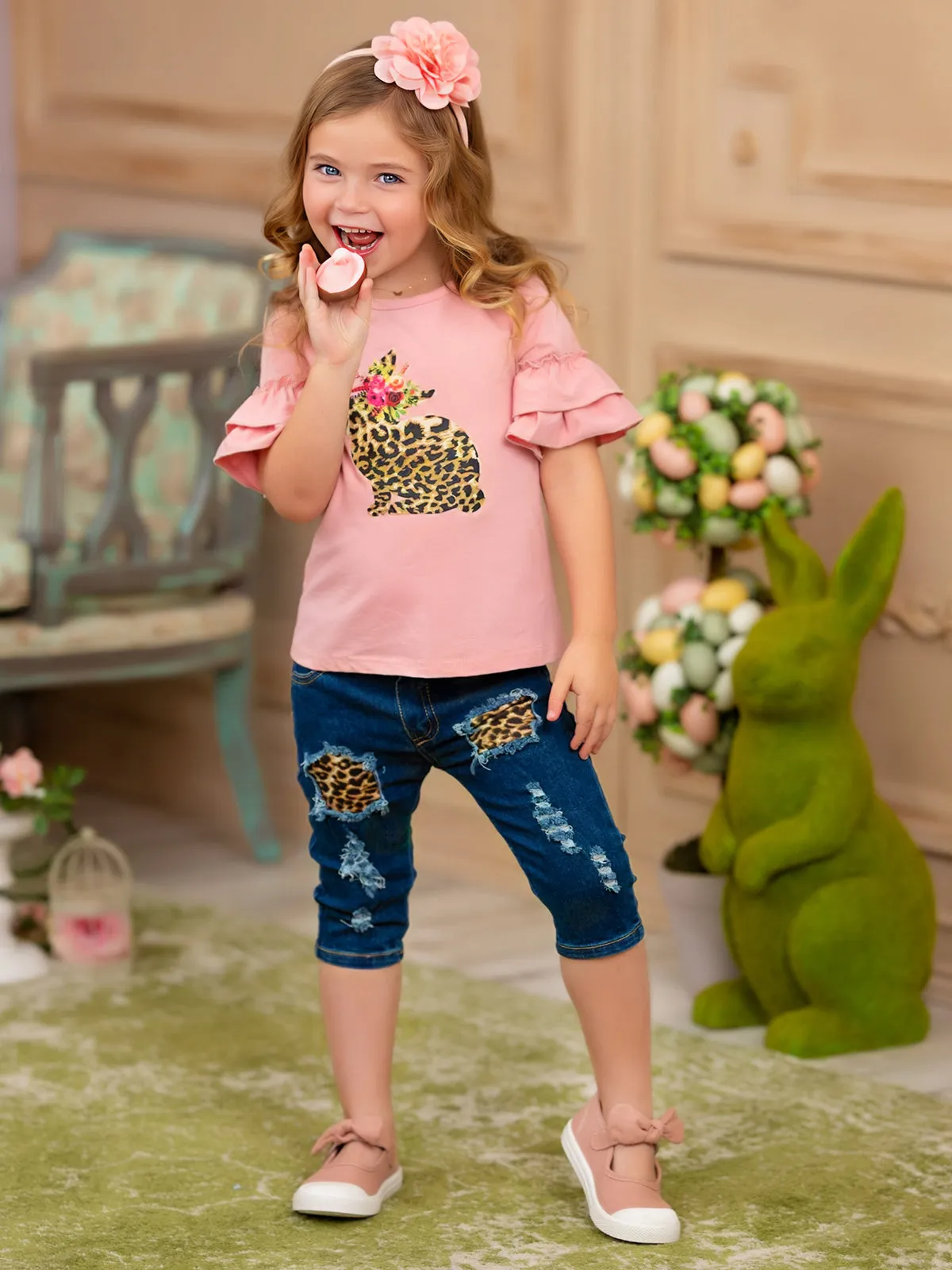 Some Bunny Loves Leopard Patched Denim Capris Set