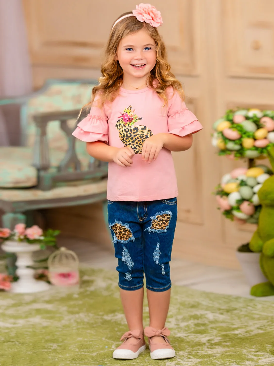 Some Bunny Loves Leopard Patched Denim Capris Set
