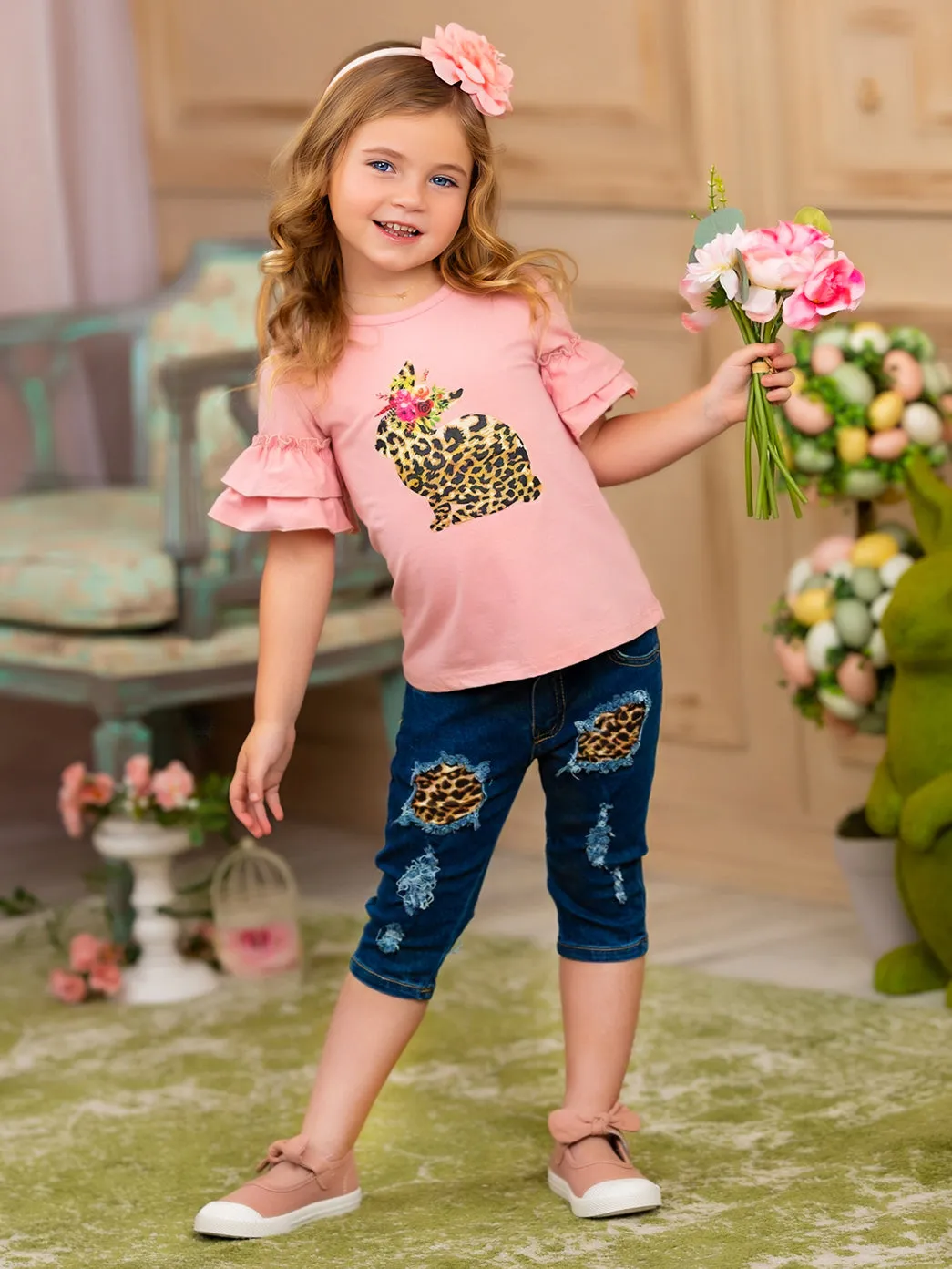 Some Bunny Loves Leopard Patched Denim Capris Set