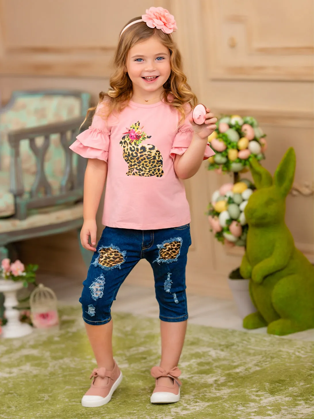 Some Bunny Loves Leopard Patched Denim Capris Set