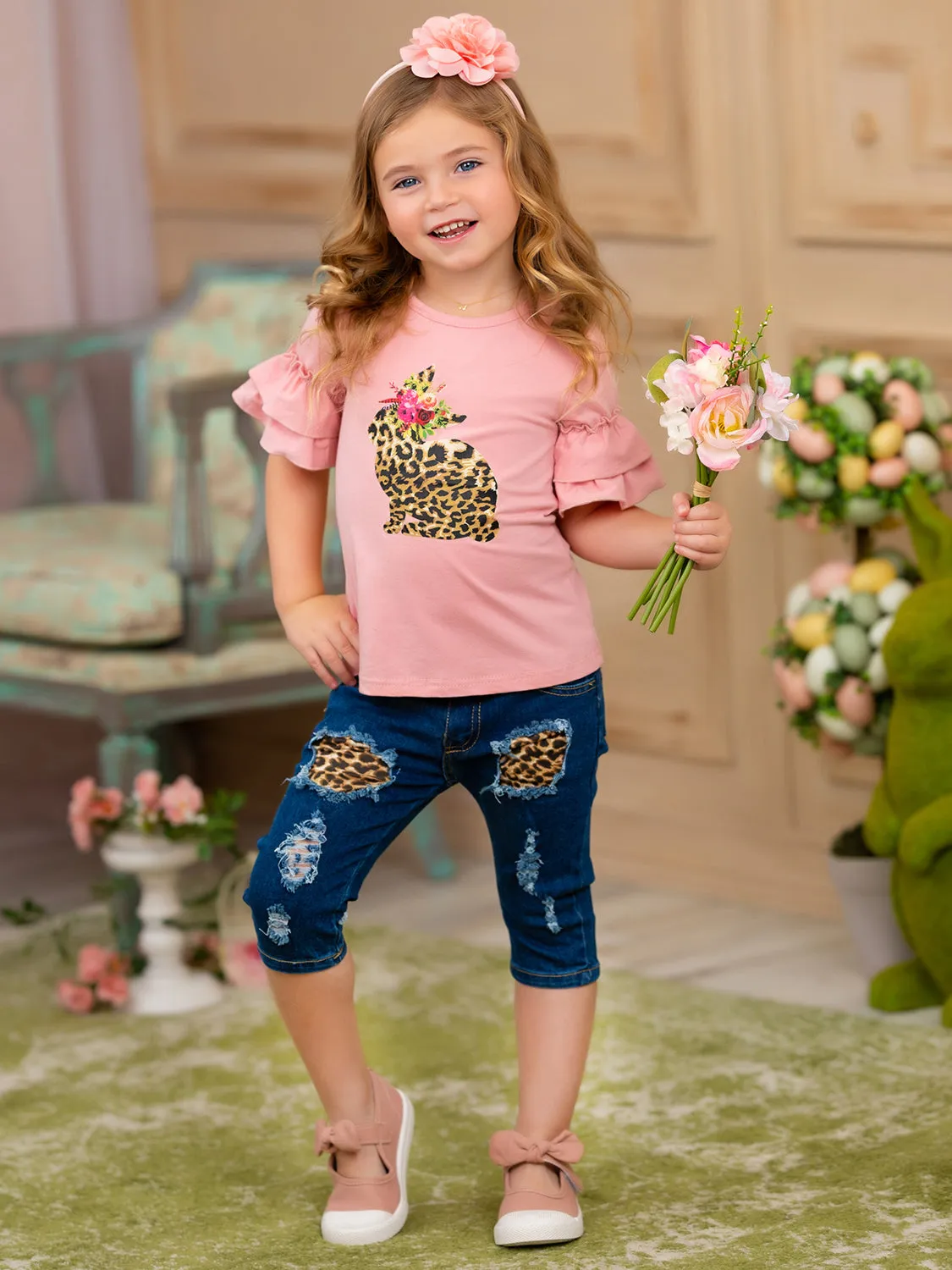 Some Bunny Loves Leopard Patched Denim Capris Set