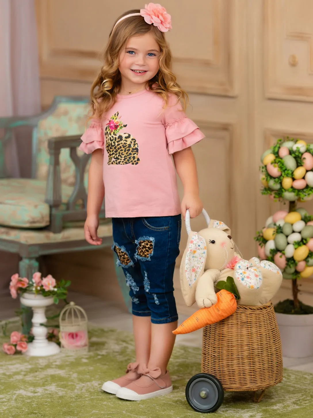 Some Bunny Loves Leopard Patched Denim Capris Set