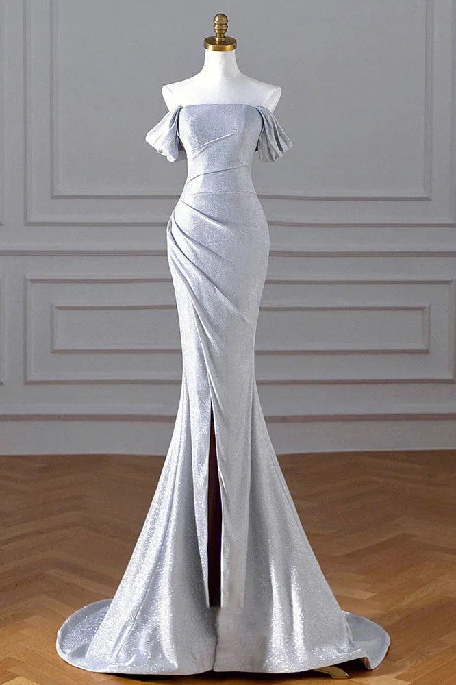Sparkly Mermaid Silver Sequin Prom Dress, Off the Shoulder Evening Gown with Slit UQP0249
