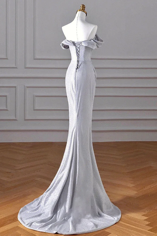 Sparkly Mermaid Silver Sequin Prom Dress, Off the Shoulder Evening Gown with Slit UQP0249