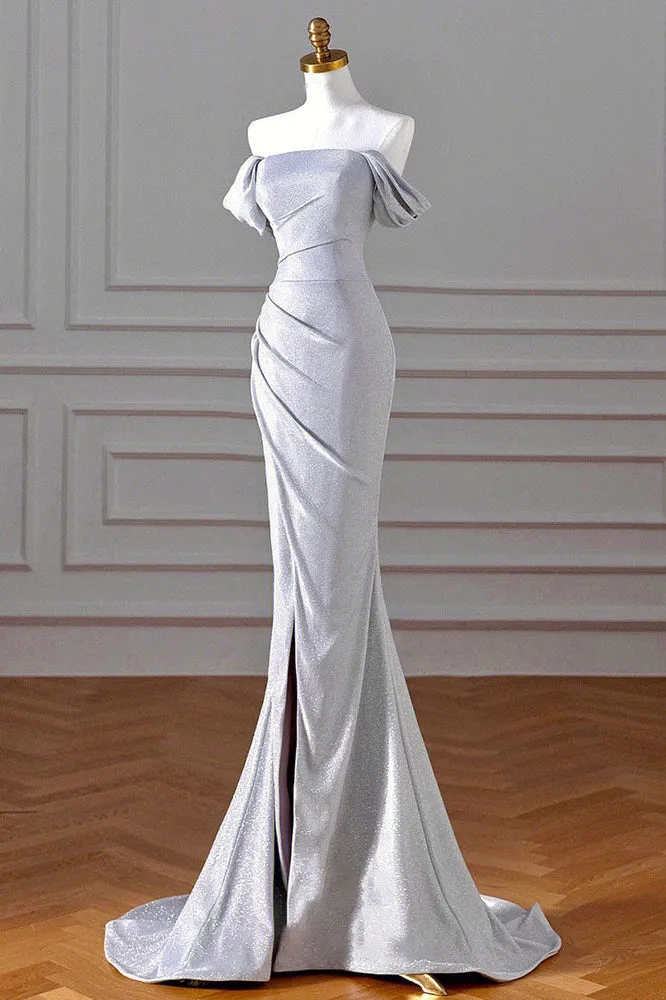 Sparkly Mermaid Silver Sequin Prom Dress, Off the Shoulder Evening Gown with Slit UQP0249