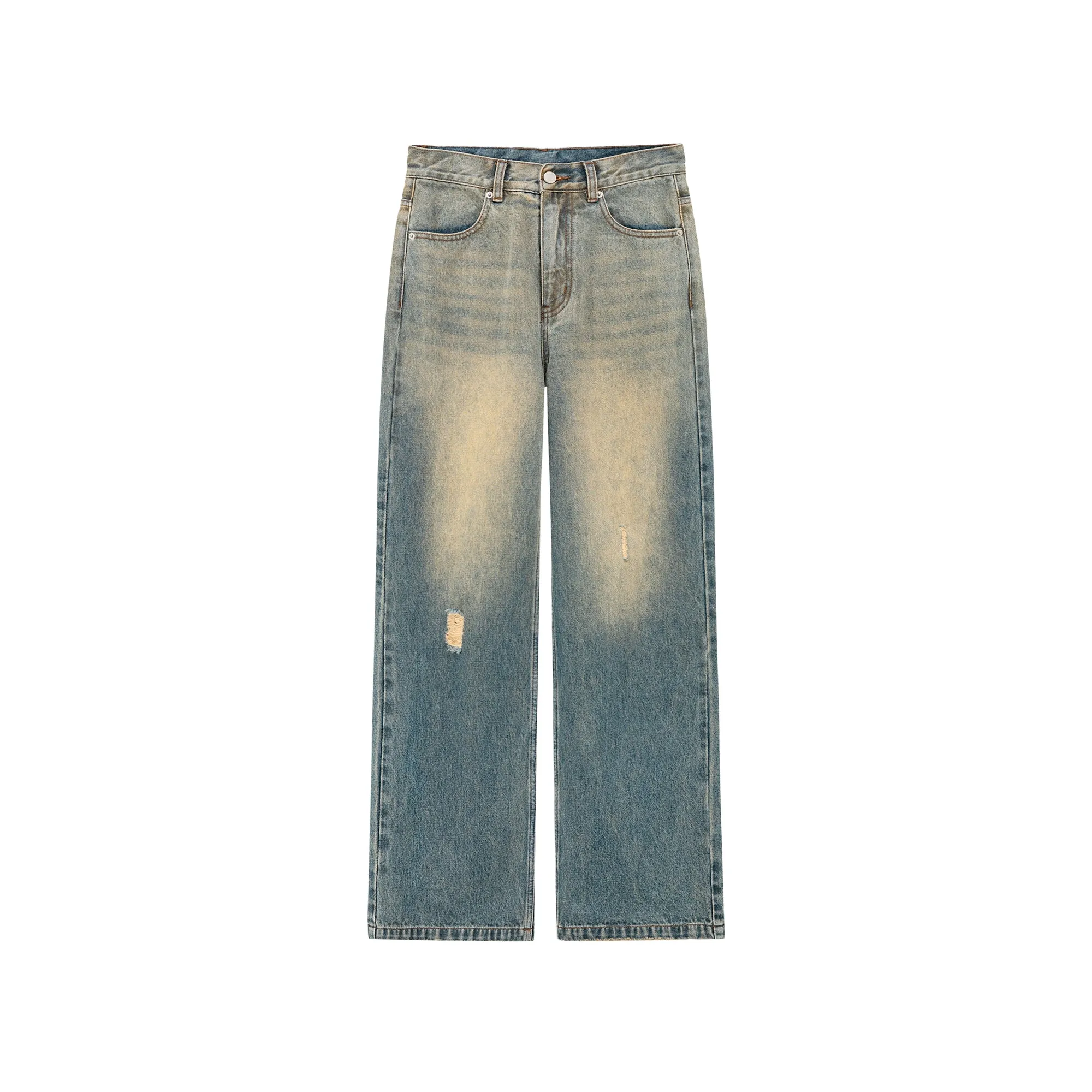 Stitched Ripped Washed Wide Denim Jeans