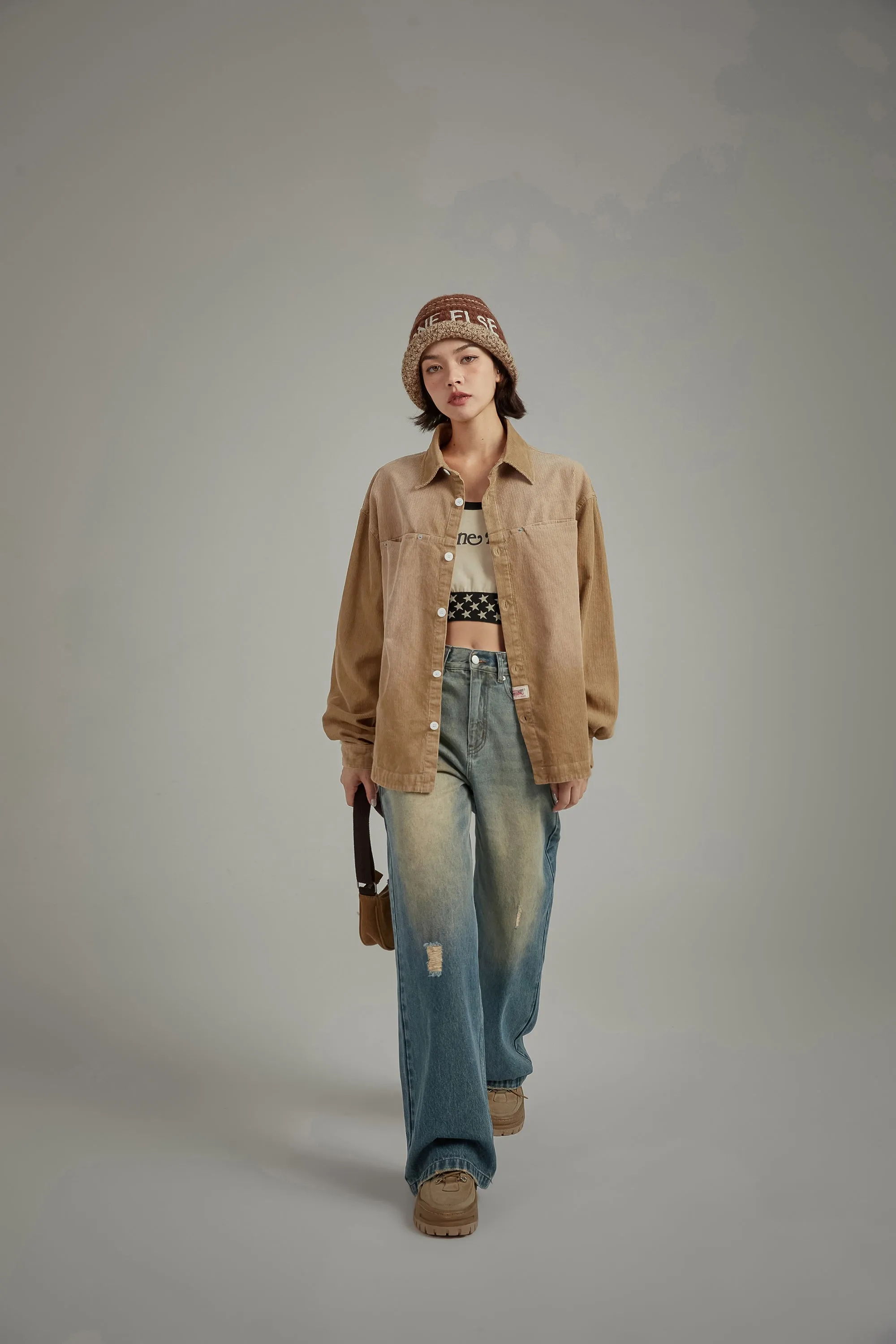 Stitched Ripped Washed Wide Denim Jeans