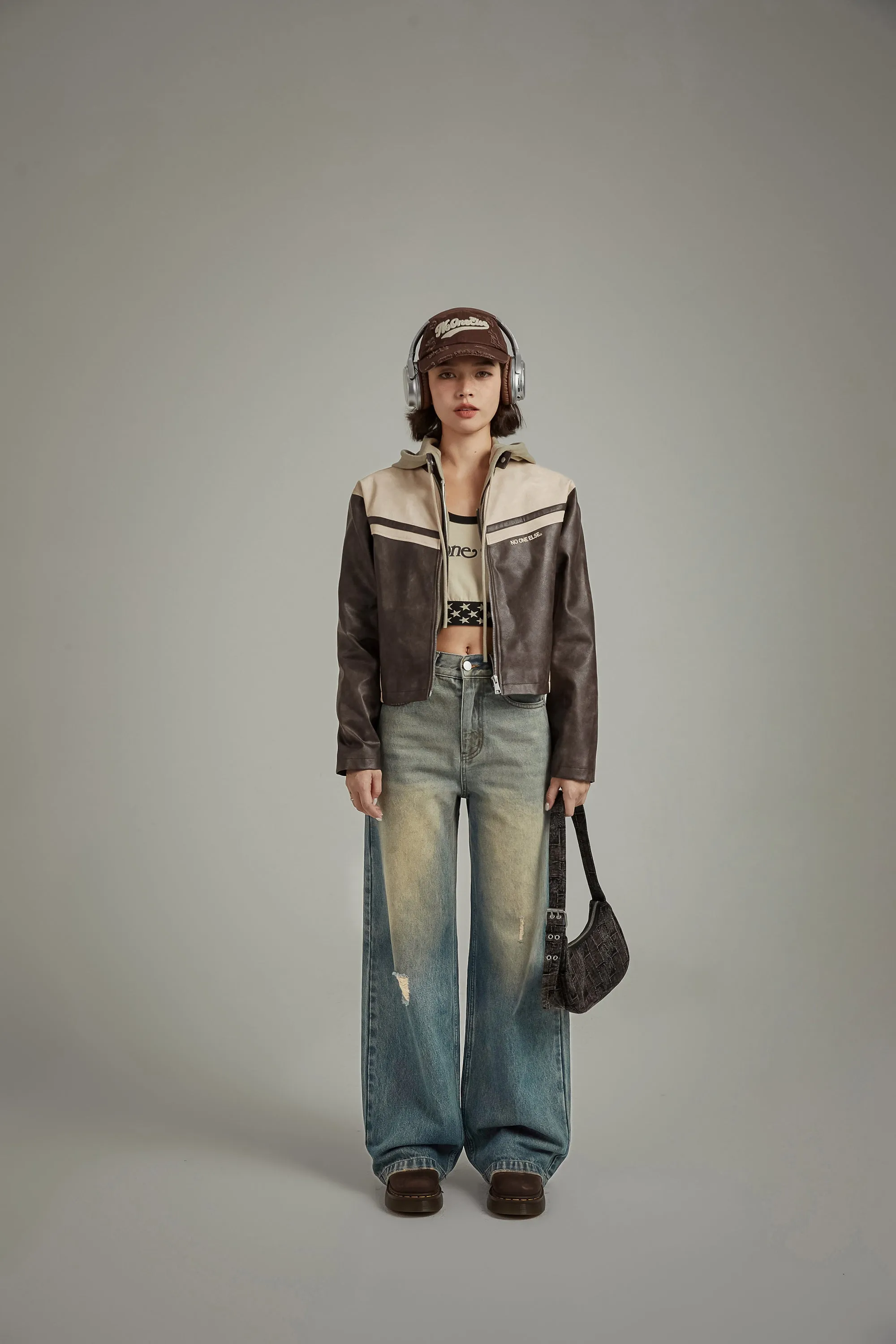 Stitched Ripped Washed Wide Denim Jeans