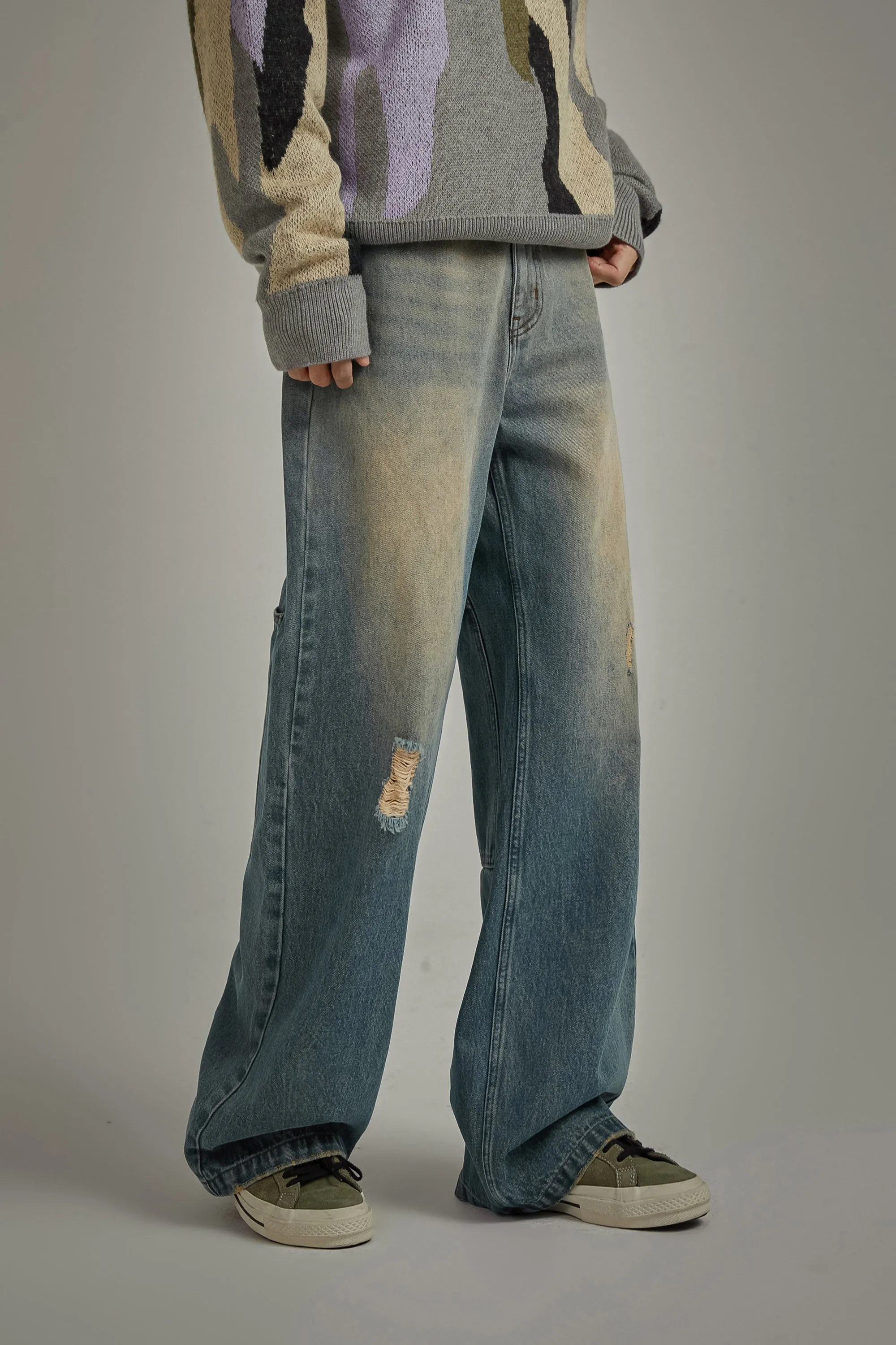 Stitched Ripped Washed Wide Denim Jeans