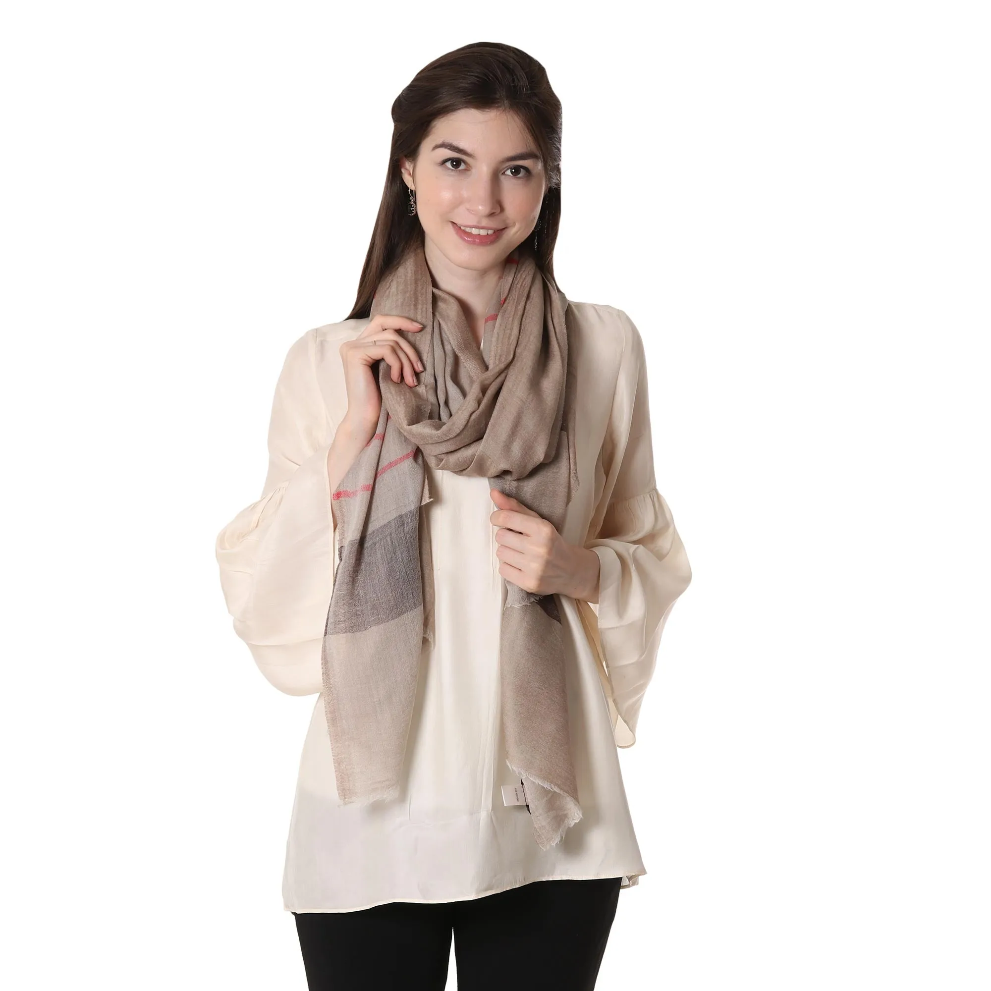 Striped Woven Wool Shawl in Tan and Coffee from India - Cream and Coffee | NOVICA