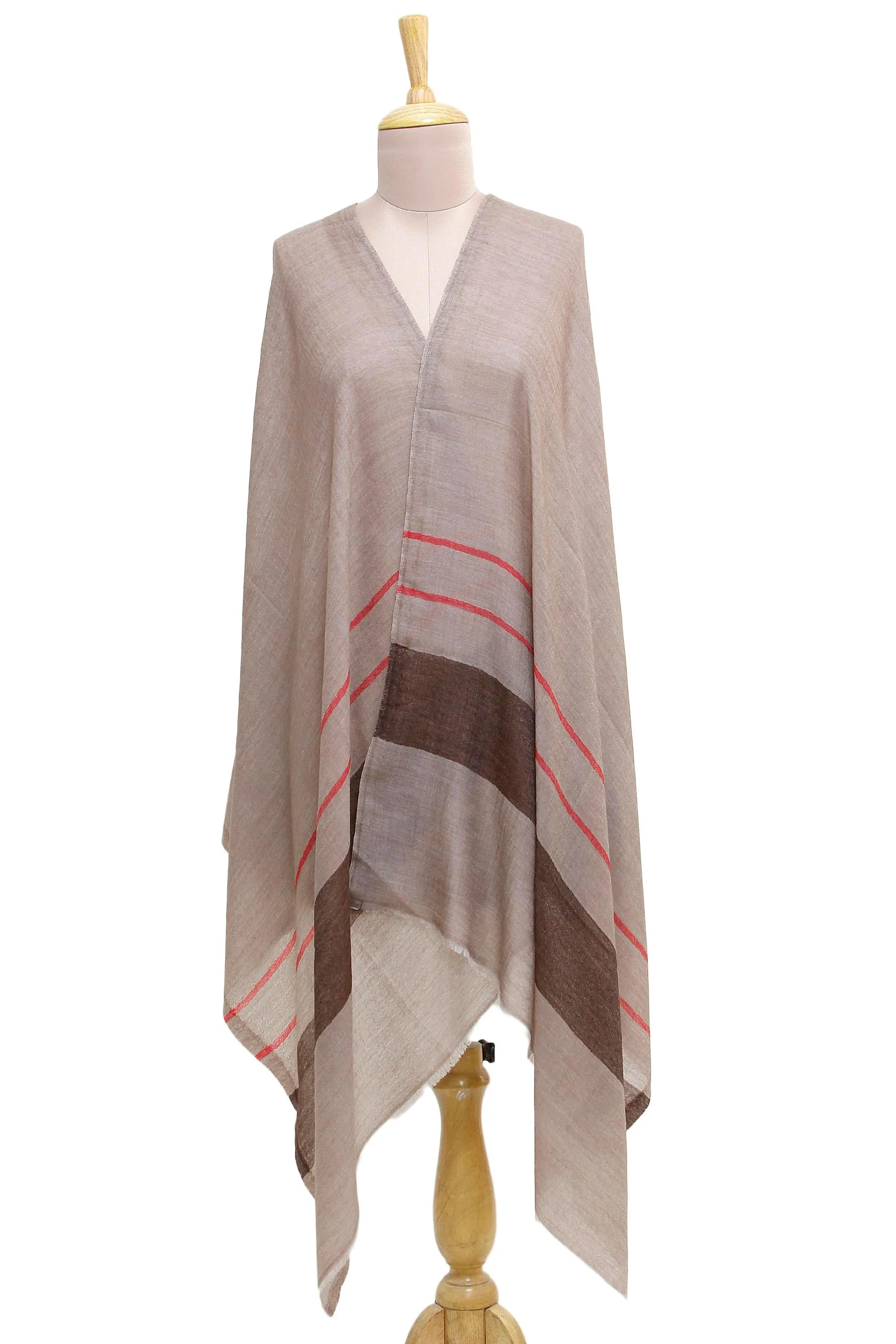 Striped Woven Wool Shawl in Tan and Coffee from India - Cream and Coffee | NOVICA