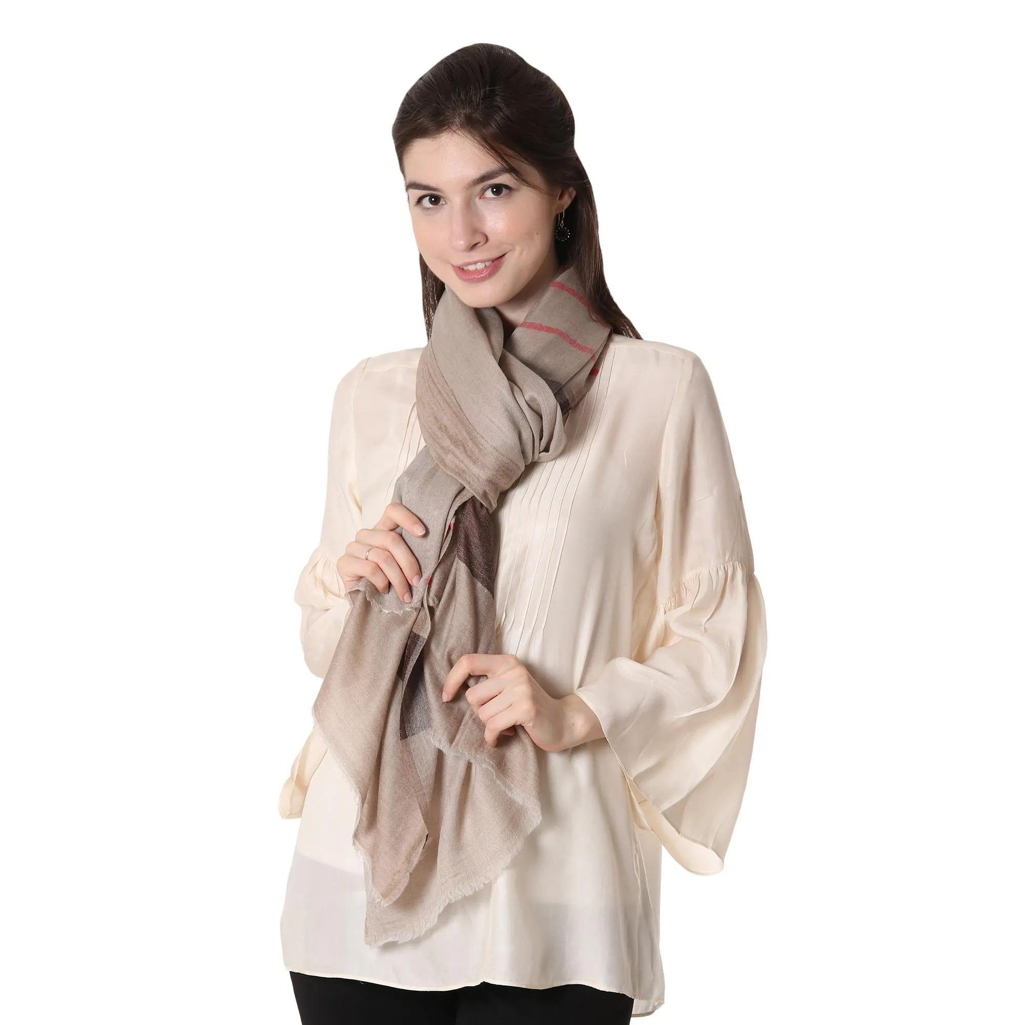 Striped Woven Wool Shawl in Tan and Coffee from India - Cream and Coffee | NOVICA