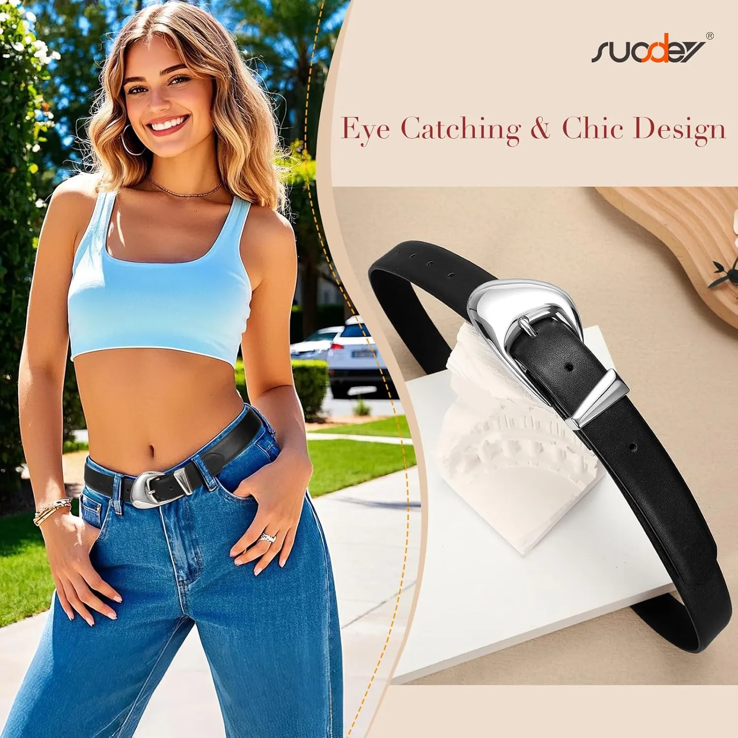 SUOSDEY Fashion Womens Leather Belt,Soft Leather Waist Belt with Silver Buckle for Ladies Jeans Pants Dresses,width 1.1"