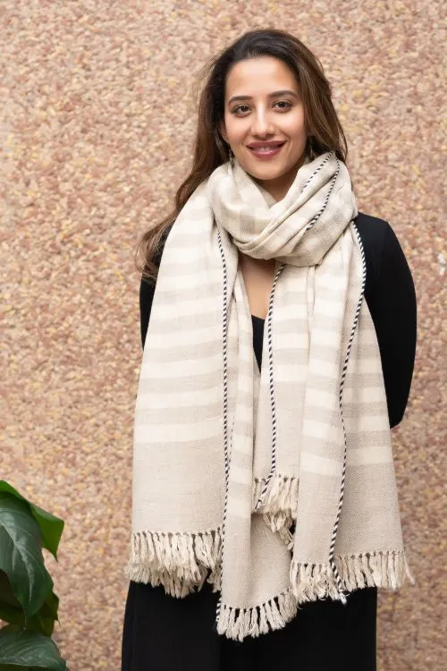 TICH Fine, Soft Himachal Wool Striped Shawl - Beige & Cream