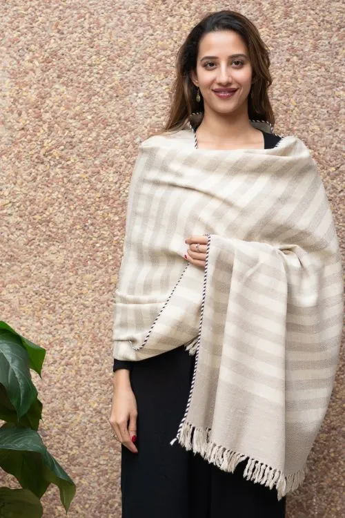 TICH Fine, Soft Himachal Wool Striped Shawl - Beige & Cream