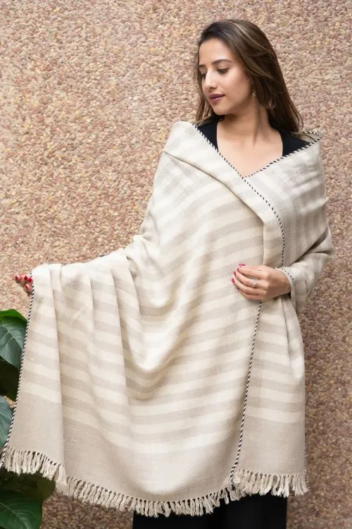 TICH Fine, Soft Himachal Wool Striped Shawl - Beige & Cream