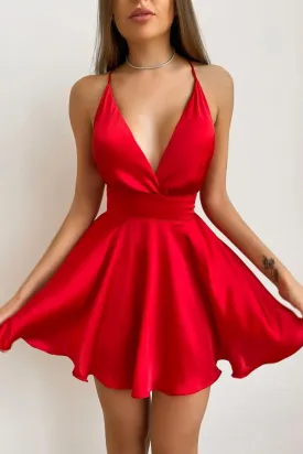 Tie Waist Plunging Neck Crisscross Backless Satin Dress