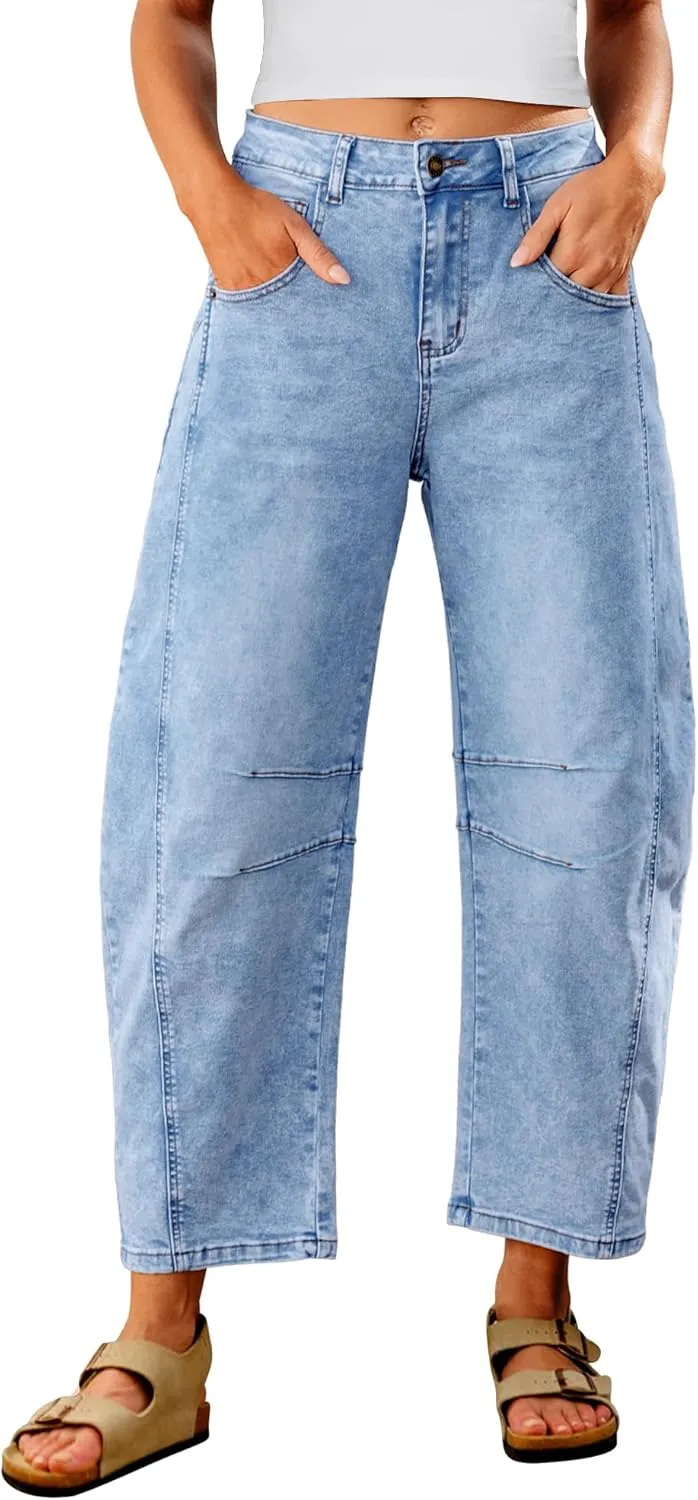 Utyful Barrel Jeans Women Cropped Baggy Trendy High Waisted Distressed Loose Stretch Denim Trouser Jeans with Pockets