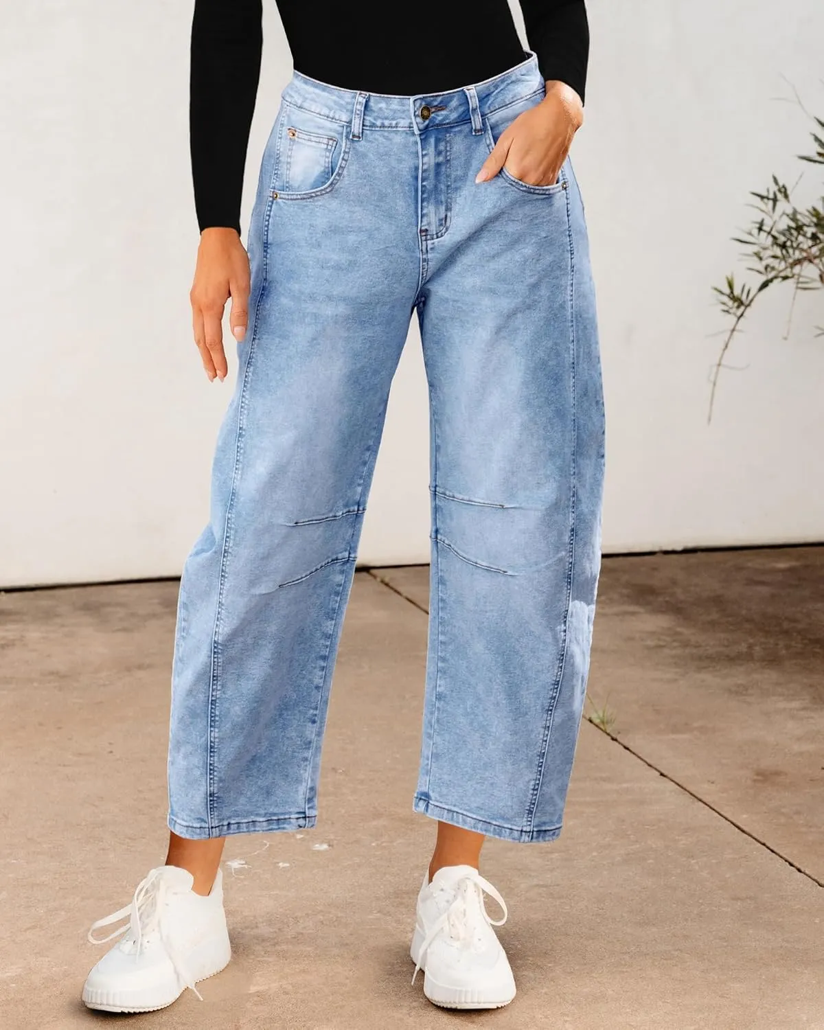 Utyful Barrel Jeans Women Cropped Baggy Trendy High Waisted Distressed Loose Stretch Denim Trouser Jeans with Pockets