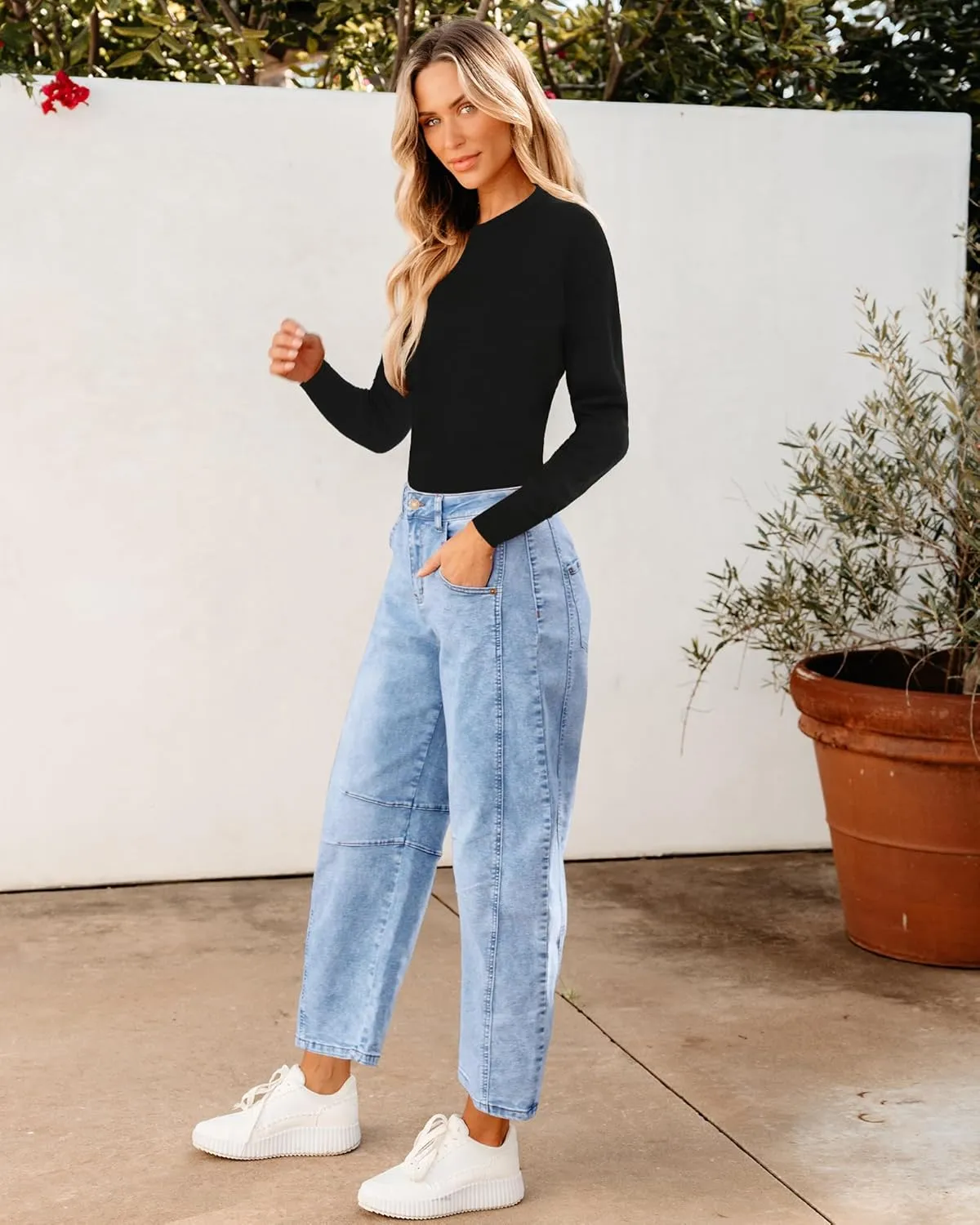 Utyful Barrel Jeans Women Cropped Baggy Trendy High Waisted Distressed Loose Stretch Denim Trouser Jeans with Pockets