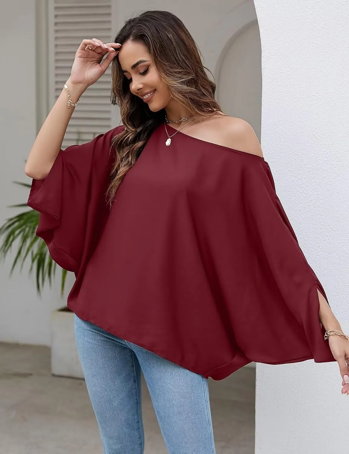 VIMPUNEC Womens Off The Shoulder Flowy Tops Casual Batwing Sleeves Blouses Loose Chiffon Shirts