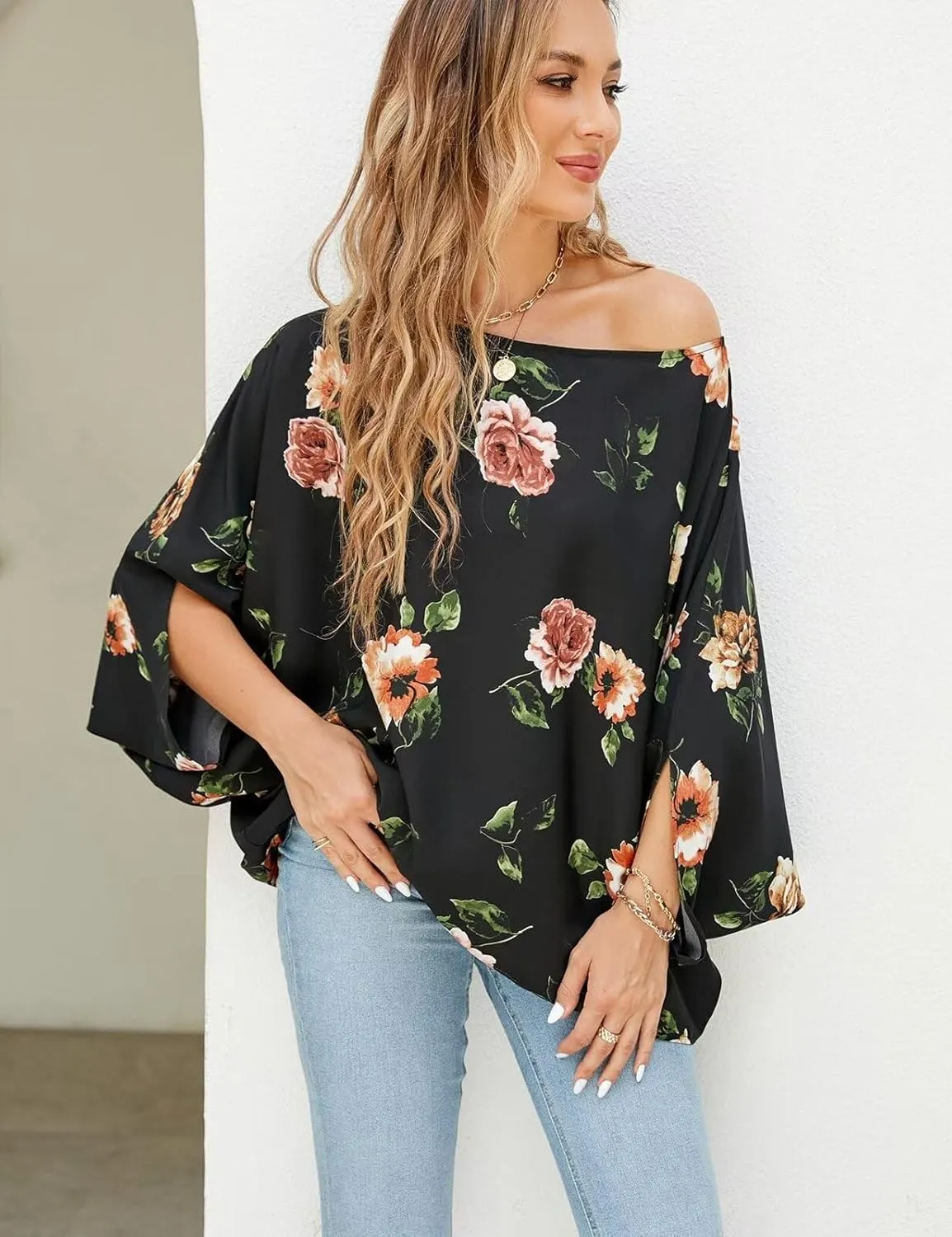 VIMPUNEC Womens Off The Shoulder Flowy Tops Casual Batwing Sleeves Blouses Loose Chiffon Shirts