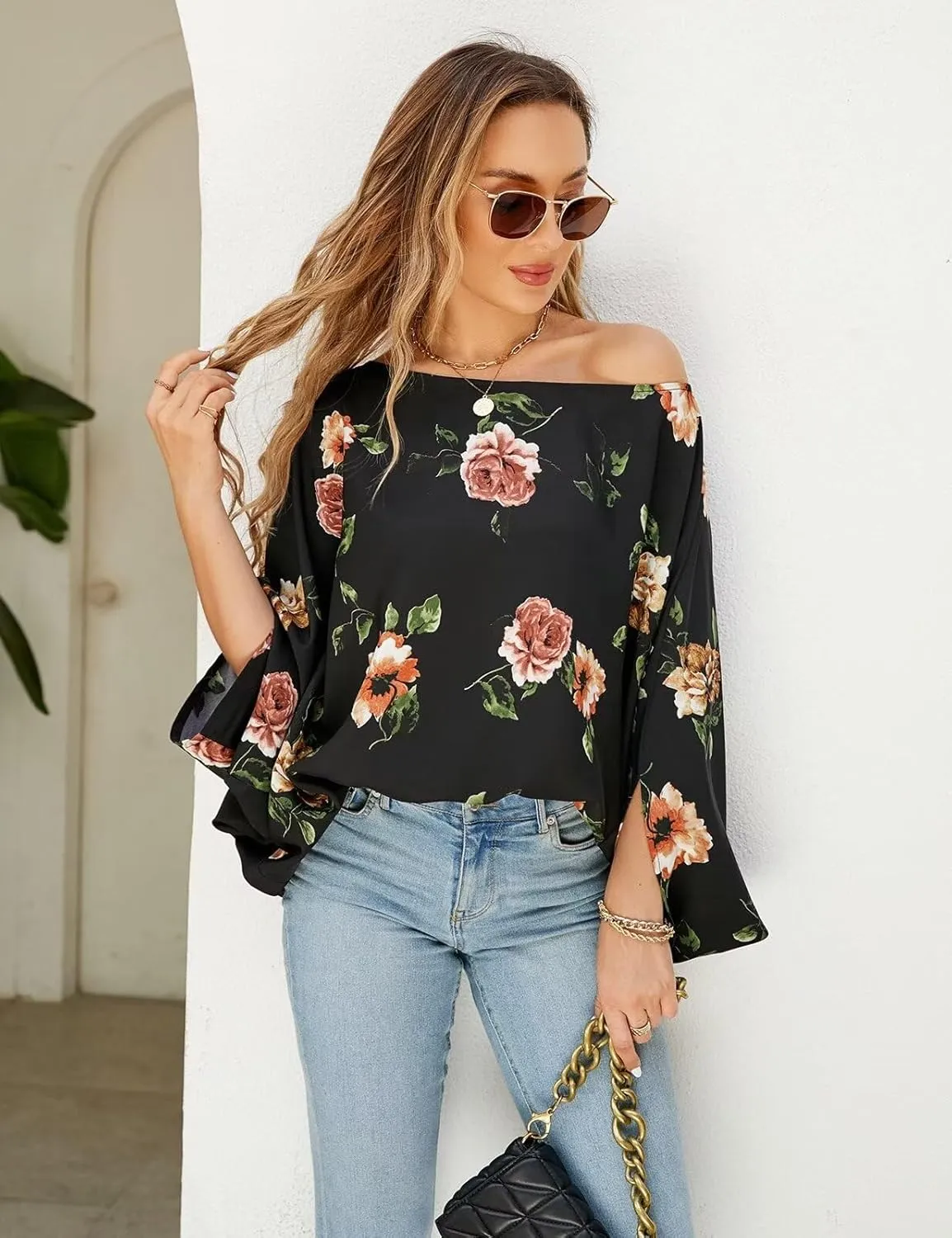 VIMPUNEC Womens Off The Shoulder Flowy Tops Casual Batwing Sleeves Blouses Loose Chiffon Shirts