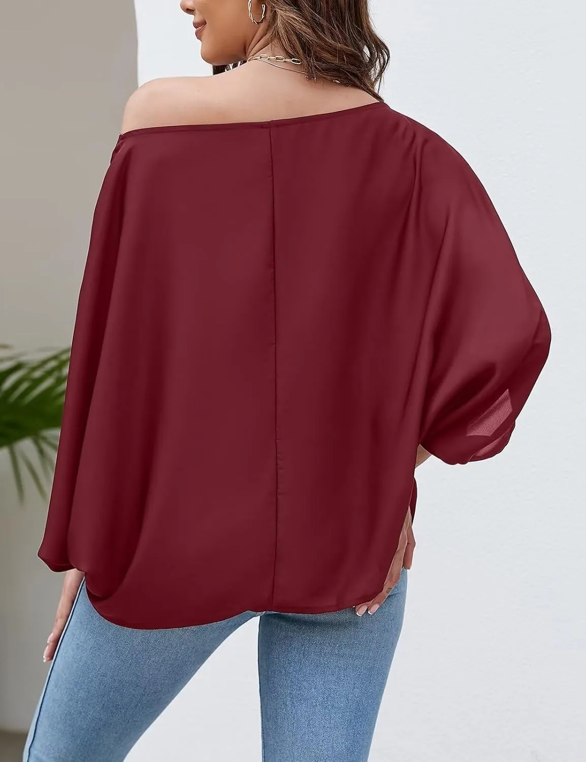 VIMPUNEC Womens Off The Shoulder Flowy Tops Casual Batwing Sleeves Blouses Loose Chiffon Shirts