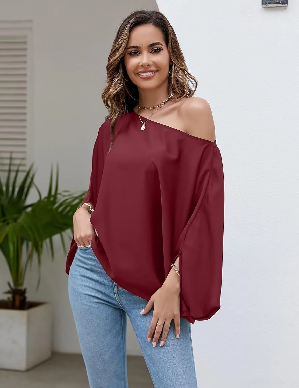 VIMPUNEC Womens Off The Shoulder Flowy Tops Casual Batwing Sleeves Blouses Loose Chiffon Shirts