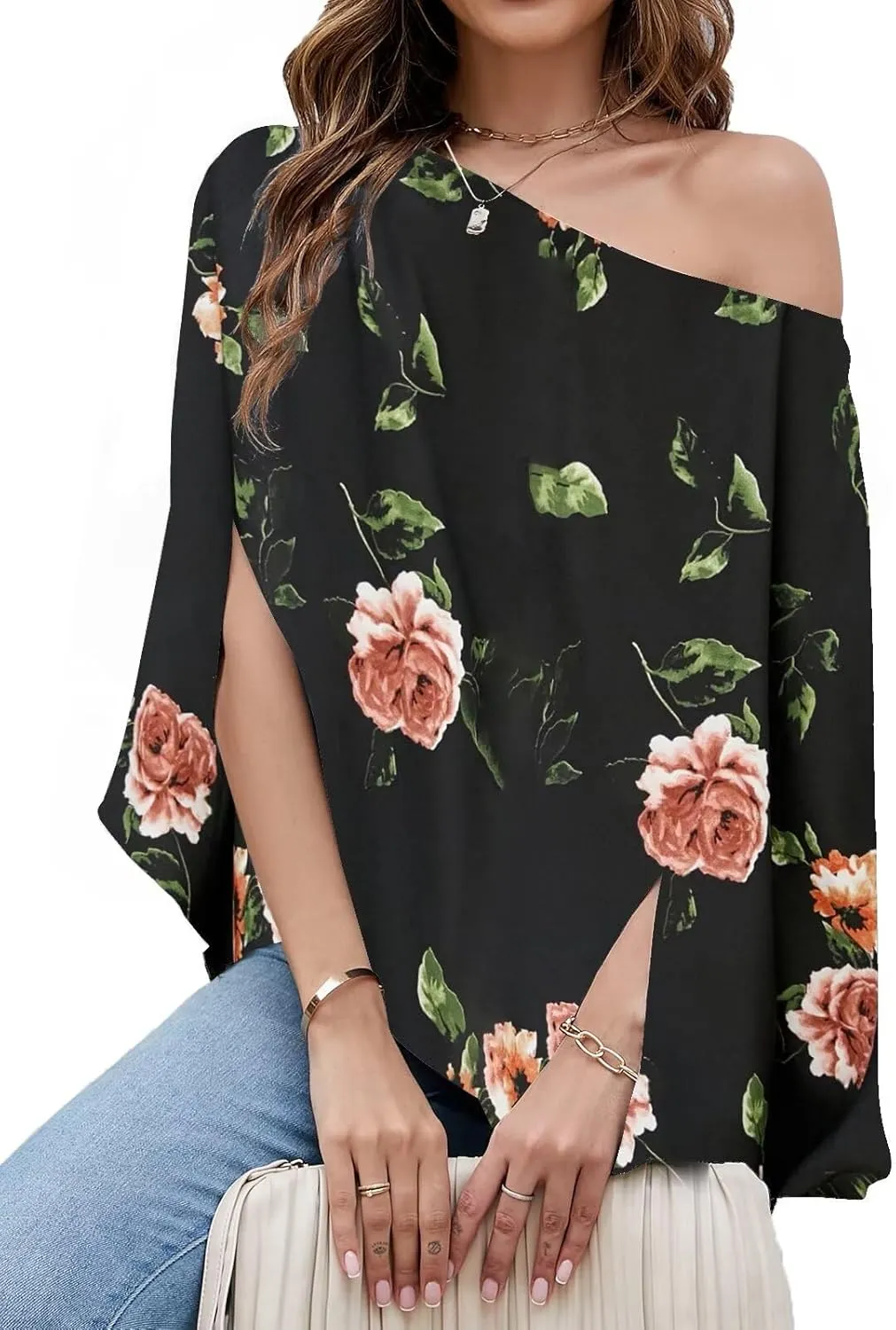 VIMPUNEC Womens Off The Shoulder Flowy Tops Casual Batwing Sleeves Blouses Loose Chiffon Shirts