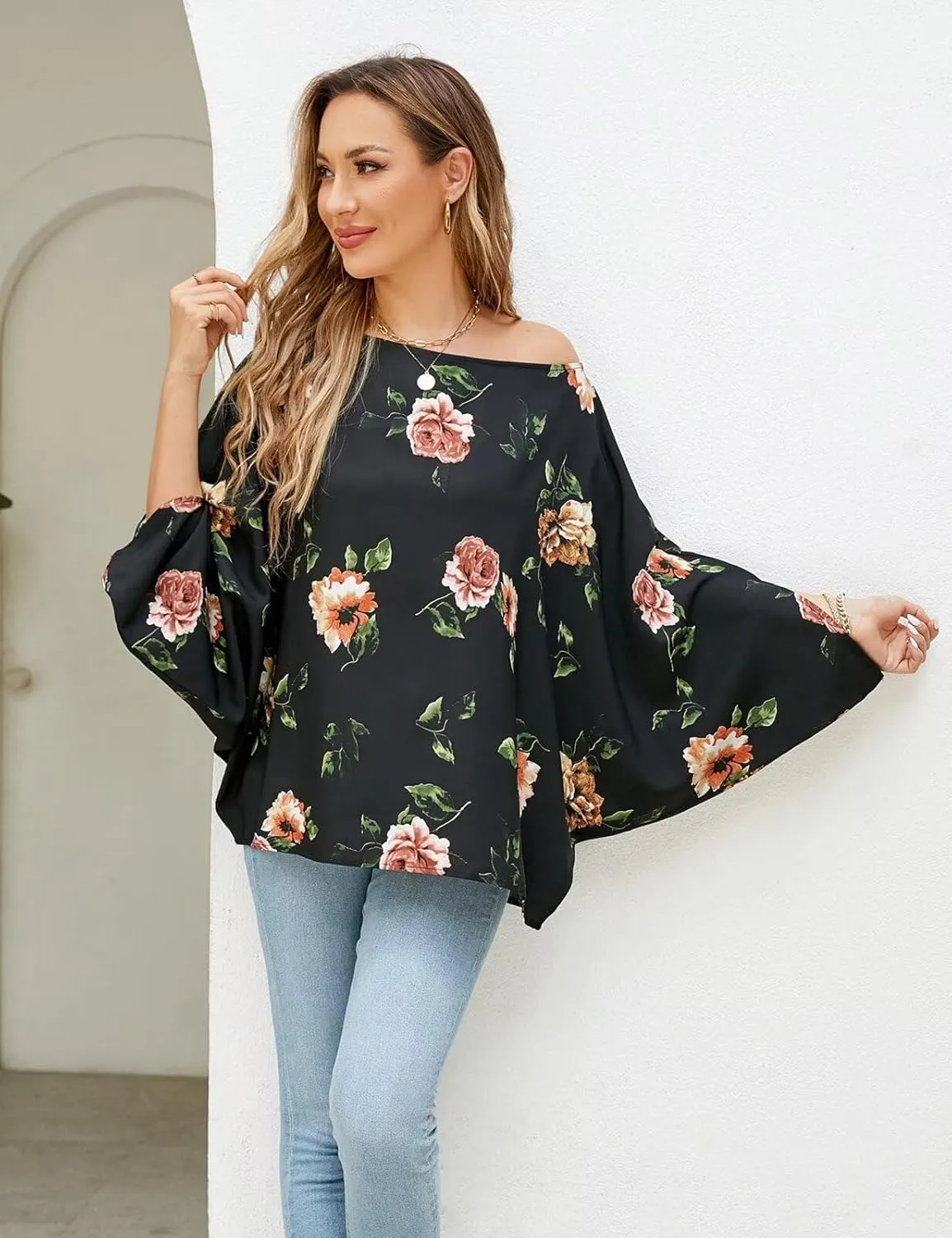 VIMPUNEC Womens Off The Shoulder Flowy Tops Casual Batwing Sleeves Blouses Loose Chiffon Shirts