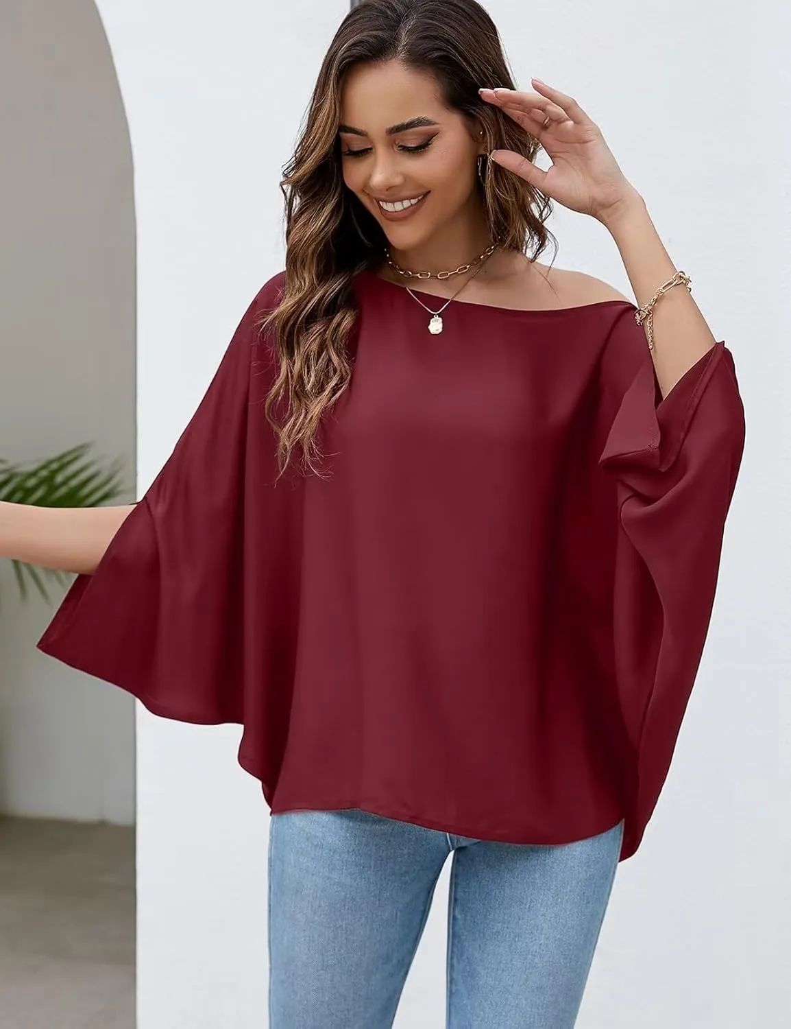 VIMPUNEC Womens Off The Shoulder Flowy Tops Casual Batwing Sleeves Blouses Loose Chiffon Shirts