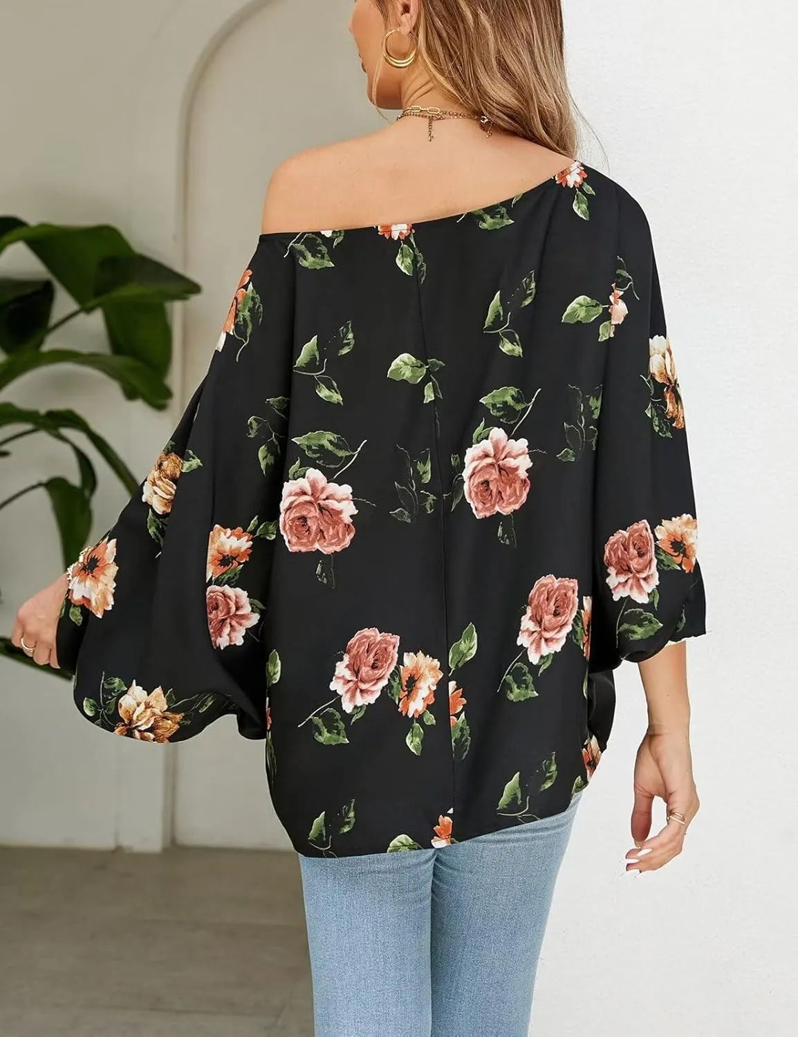 VIMPUNEC Womens Off The Shoulder Flowy Tops Casual Batwing Sleeves Blouses Loose Chiffon Shirts