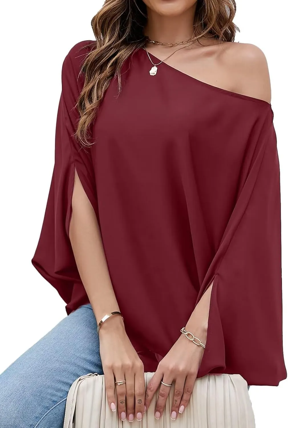 VIMPUNEC Womens Off The Shoulder Flowy Tops Casual Batwing Sleeves Blouses Loose Chiffon Shirts