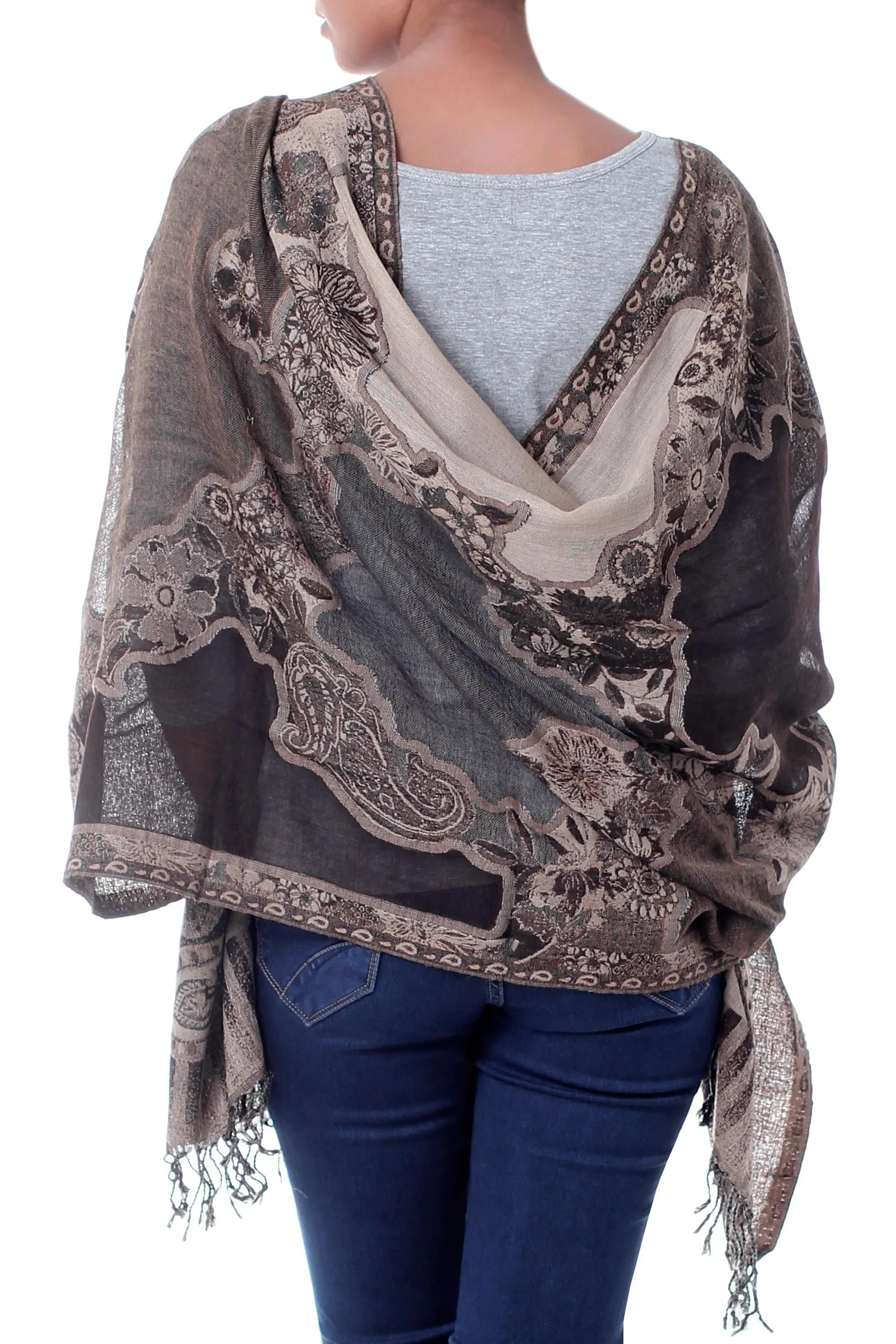 Warm Brown and Beige Wool Jamawar Shawl - Executive Elegance | NOVICA
