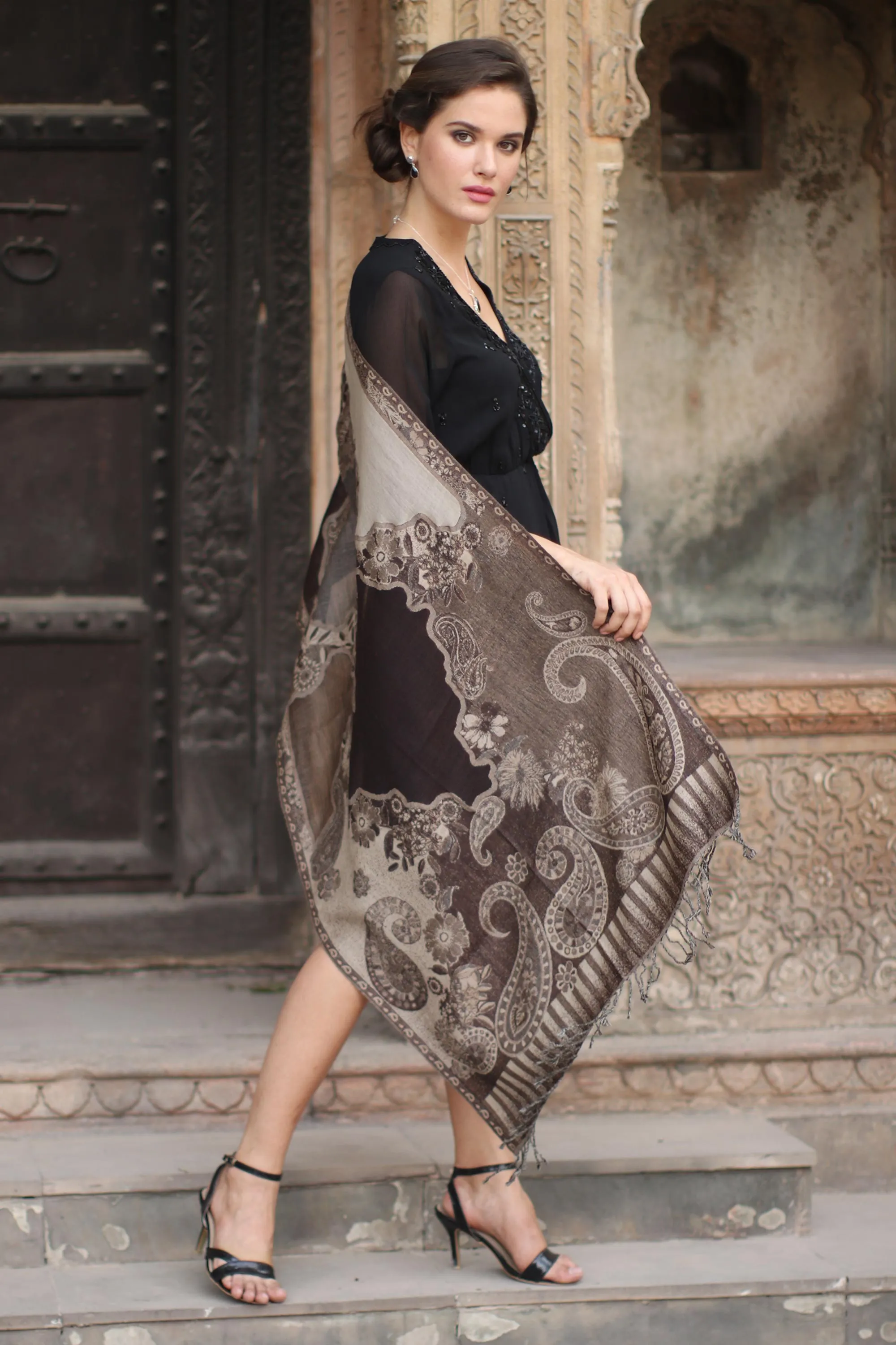 Warm Brown and Beige Wool Jamawar Shawl - Executive Elegance | NOVICA