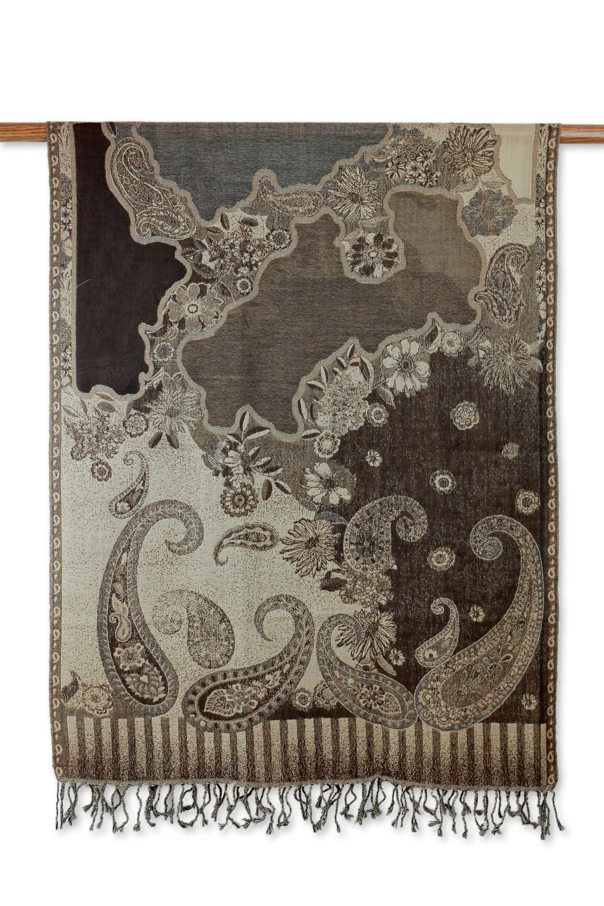 Warm Brown and Beige Wool Jamawar Shawl - Executive Elegance | NOVICA