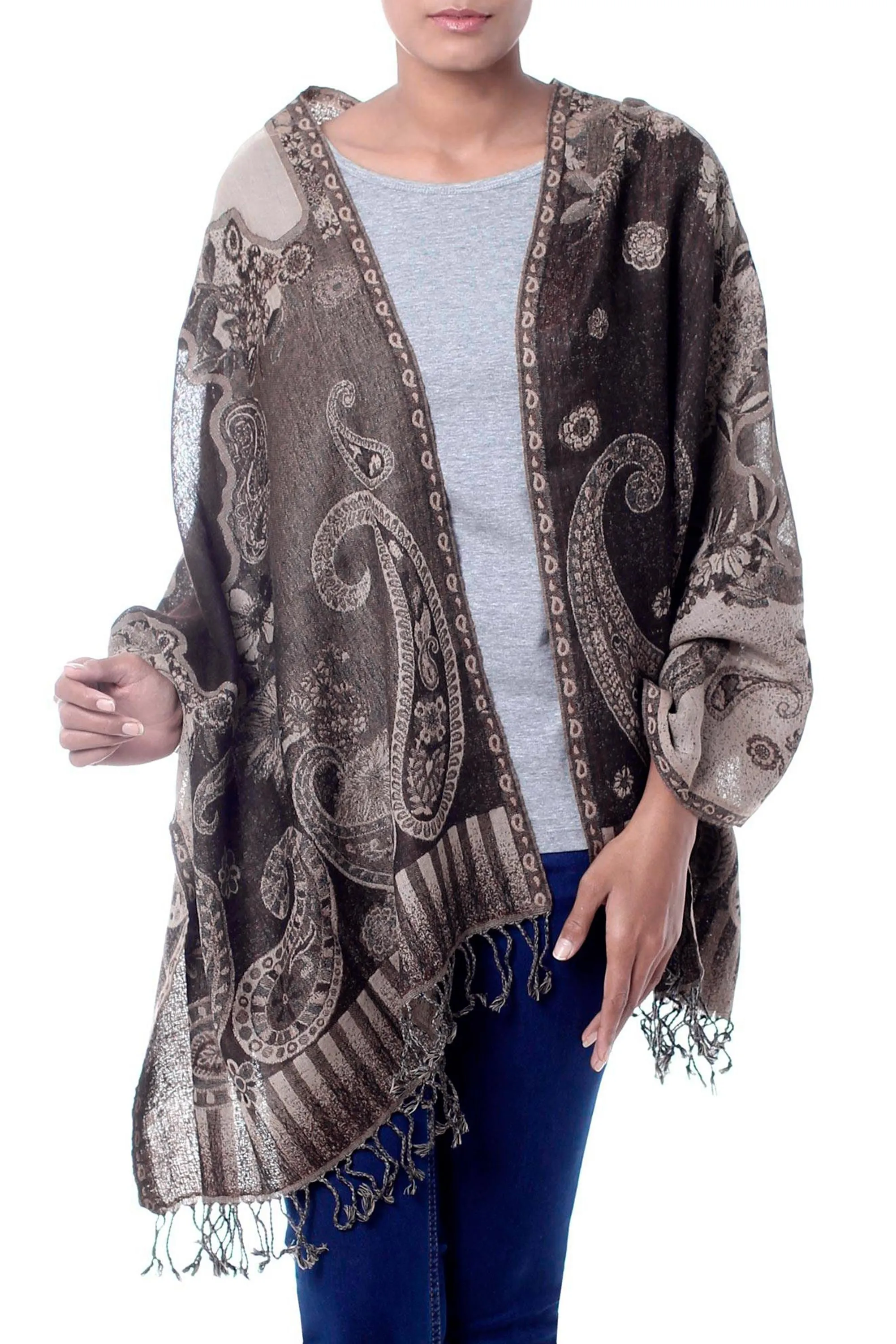 Warm Brown and Beige Wool Jamawar Shawl - Executive Elegance | NOVICA