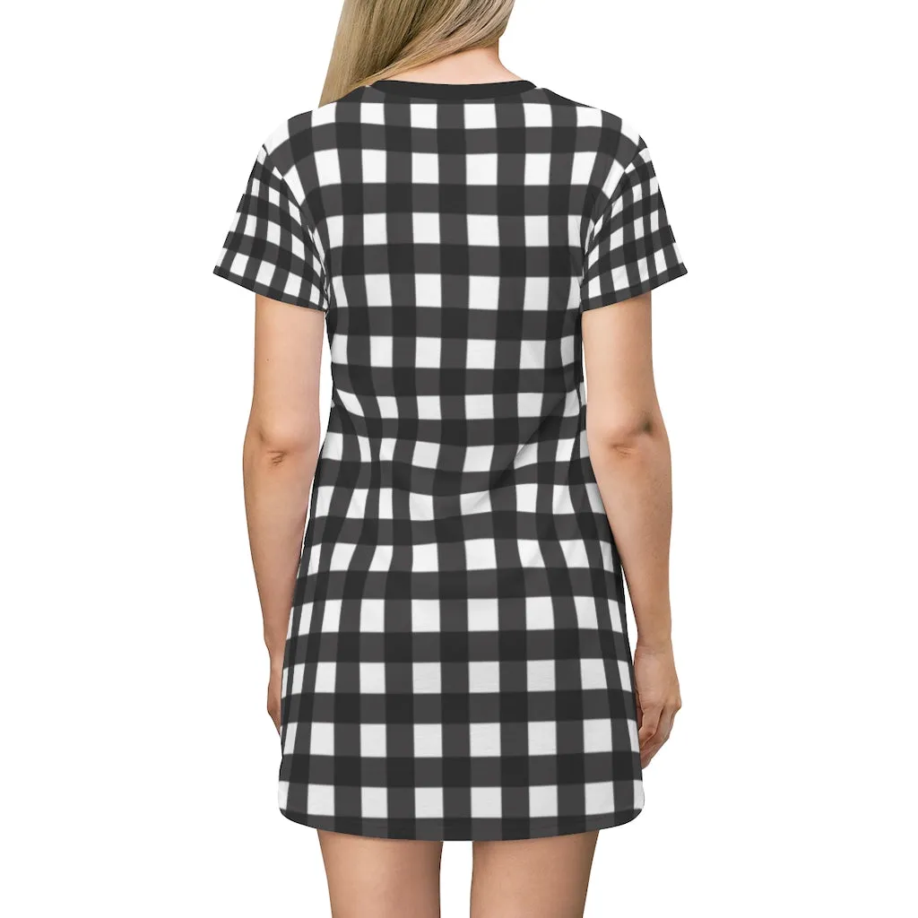 White Buffalo Plaid T-Shirt Dress, Plaid Print Best Designer Women's Tee Shirt Dress -Made in USA