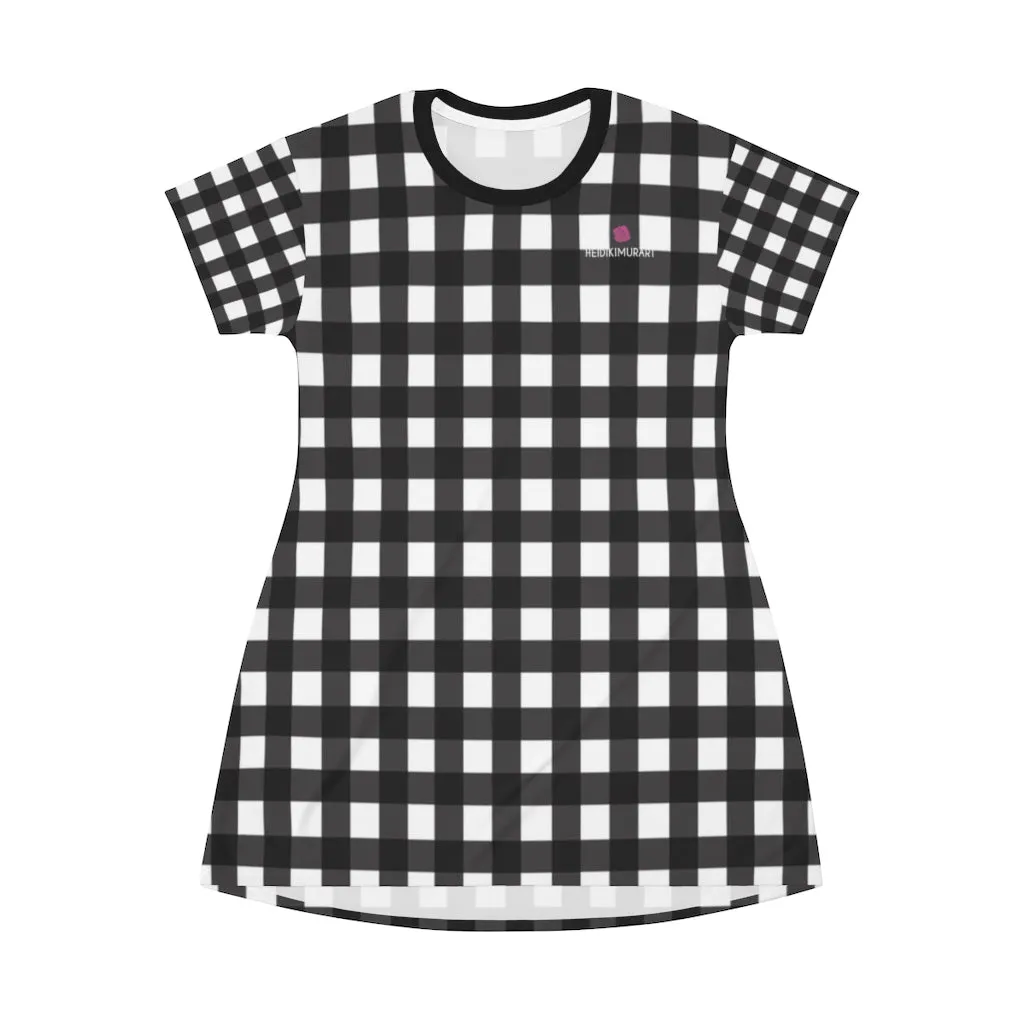 White Buffalo Plaid T-Shirt Dress, Plaid Print Best Designer Women's Tee Shirt Dress -Made in USA