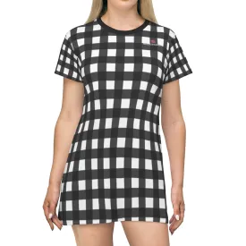 White Buffalo Plaid T-Shirt Dress, Plaid Print Best Designer Women's Tee Shirt Dress -Made in USA