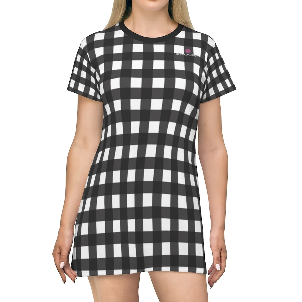 White Buffalo Plaid T-Shirt Dress, Plaid Print Best Designer Women's Tee Shirt Dress -Made in USA