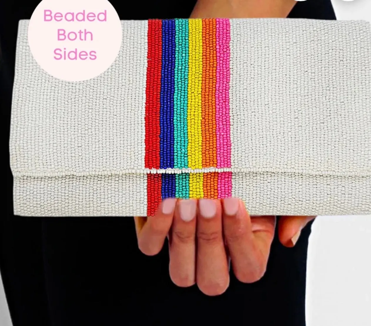 WHITE 🌈 Rainbow Stripe Beaded Fold Over Clutch
