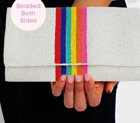 WHITE 🌈 Rainbow Stripe Beaded Fold Over Clutch