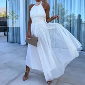 White Sexy Mesh Lace Hem Boho Long Dress Women Spring Elegant High Waist Pleated Party Dress Summer Halter Backless Maxi Dresses