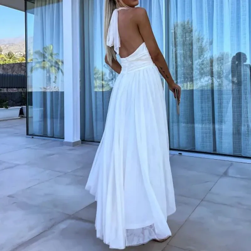 White Sexy Mesh Lace Hem Boho Long Dress Women Spring Elegant High Waist Pleated Party Dress Summer Halter Backless Maxi Dresses
