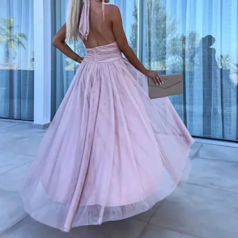 White Sexy Mesh Lace Hem Boho Long Dress Women Spring Elegant High Waist Pleated Party Dress Summer Halter Backless Maxi Dresses