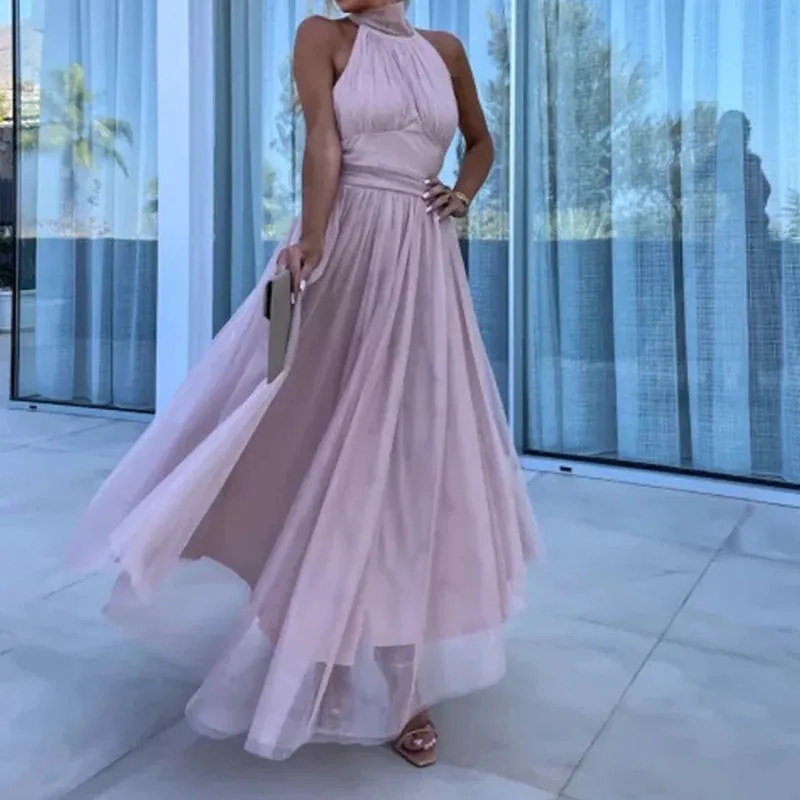 White Sexy Mesh Lace Hem Boho Long Dress Women Spring Elegant High Waist Pleated Party Dress Summer Halter Backless Maxi Dresses